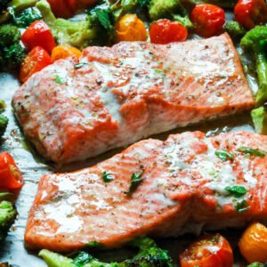 Easy Sheet Pan Roasted Greek Salmon and Broccoli